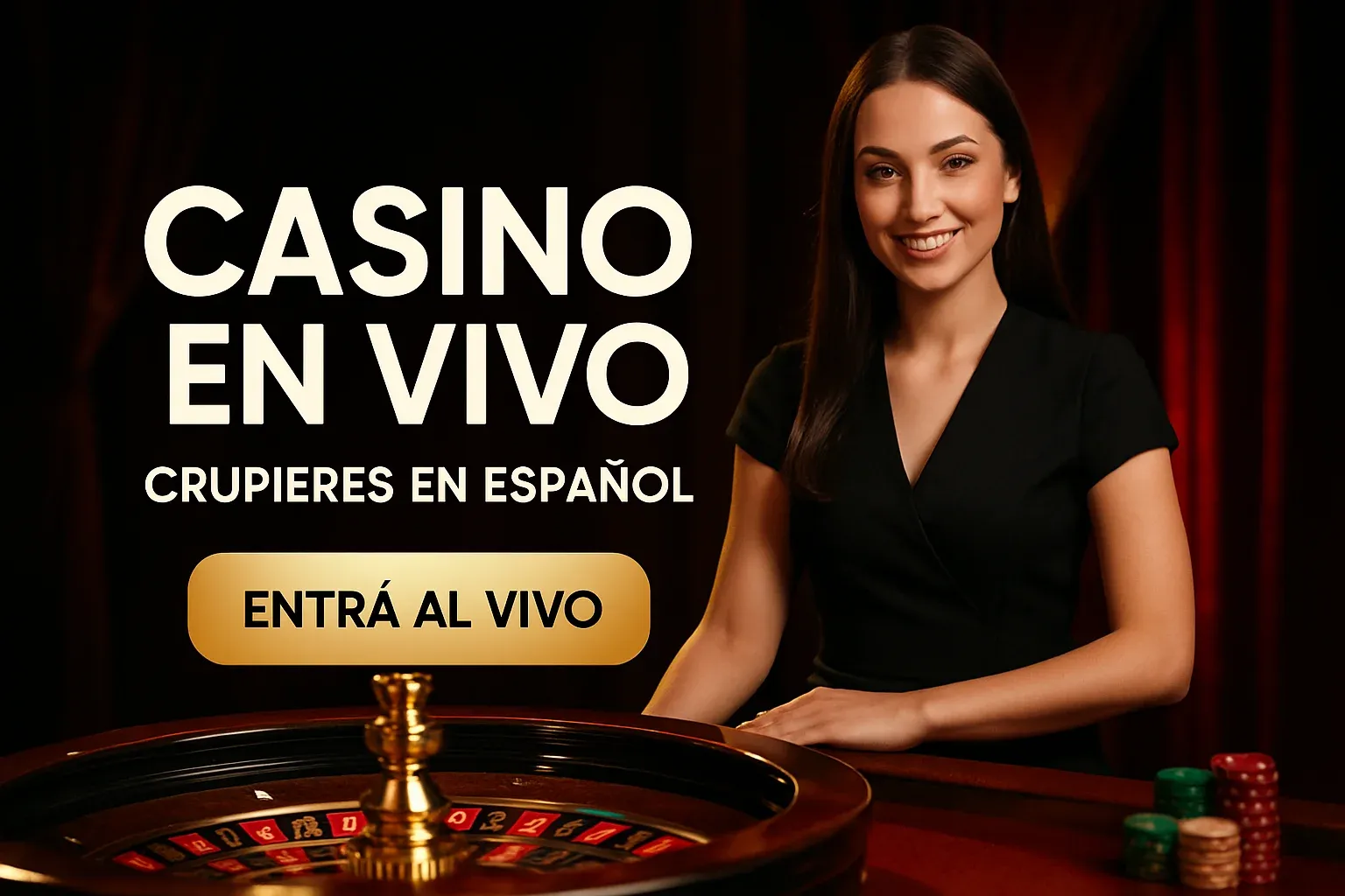 Banner de casino en vivo con crupier en español y ruleta