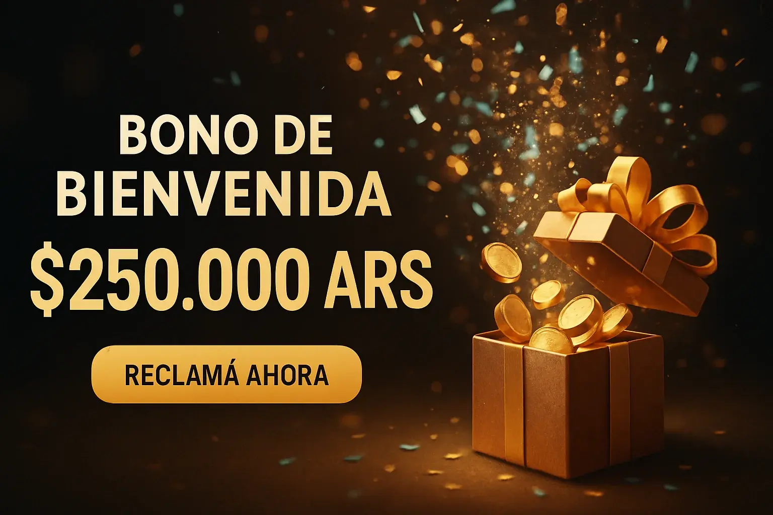 Banner de casino con bono de bienvenida $250.000 ARS y botón Reclamá Ahora