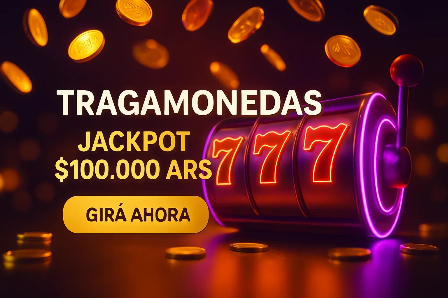 Banner de tragamonedas con jackpot 7 7 7, botón Girá Ahora y monedas doradas